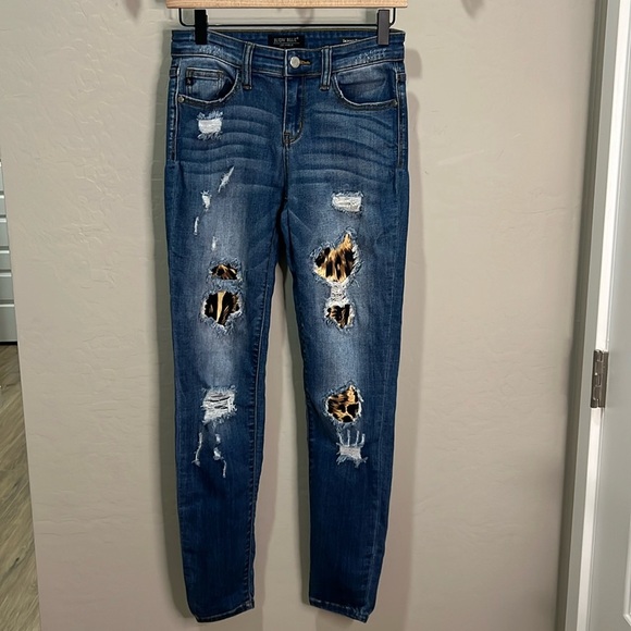 Judy Blue Jean Distressed Cheetah Skinny Leopard Animal Slim Vintage Patchwork - Picture 1 of 12